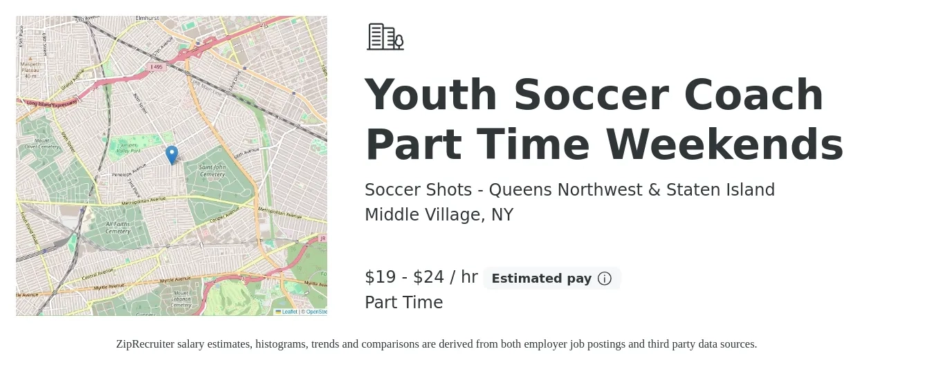 Soccer Shots - Queens Northwest & Staten Island job posting for a Youth Soccer Coach Part Time Weekends in Middle Village, NY with a salary of $20 to $25 Hourly with a map of Middle Village location.
