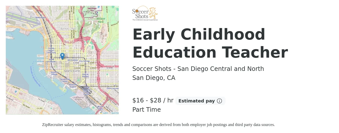 Soccer Shots - San Diego Central and North job posting for a Early Childhood Education Teacher in San Diego, CA with a salary of $17 to $30 Hourly with a map of San Diego location.
