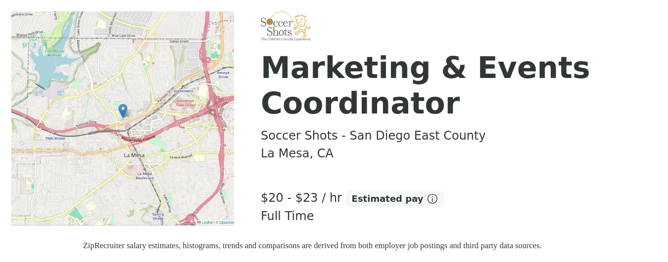 Soccer Shots - San Diego East County job posting for a Marketing & Events Coordinator in La Mesa, CA with a salary of $22 to $24 Hourly with a map of La Mesa location.