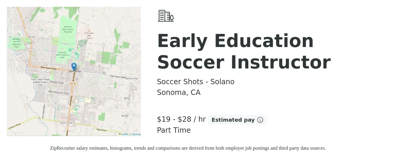 Soccer Shots - Solano job posting for a Early Education Soccer Instructor in Sonoma, CA with a salary of $20 to $30 Hourly with a map of Sonoma location.