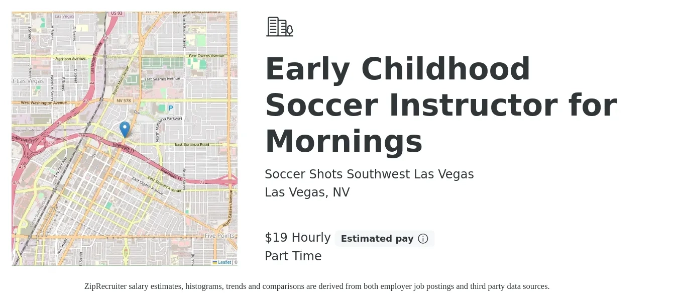 Soccer Shots Southwest Las Vegas job posting for a Early Childhood Soccer Instructor for Mornings in Las Vegas, NV with a salary of $20 Hourly with a map of Las Vegas location.