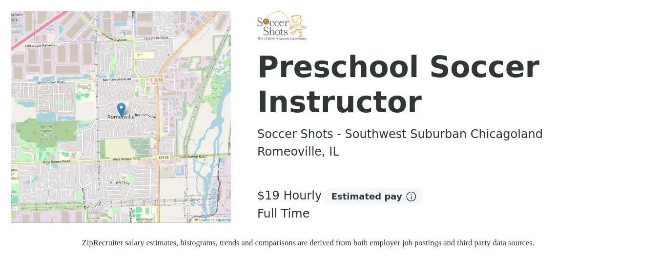 Soccer Shots - Southwest Suburban Chicagoland job posting for a Preschool Soccer Instructor in Romeoville, IL with a salary of $20 Hourly with a map of Romeoville location.