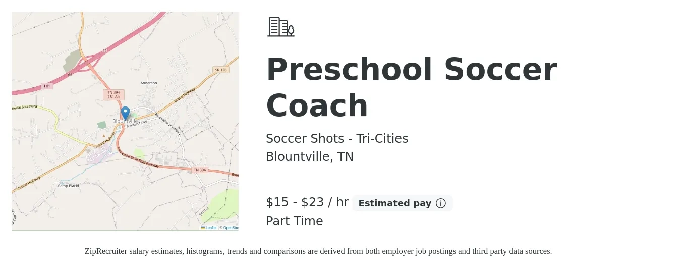 Soccer Shots - Tri-Cities job posting for a Preschool Soccer Coach in Blountville, TN with a salary of $16 to $24 Hourly with a map of Blountville location.