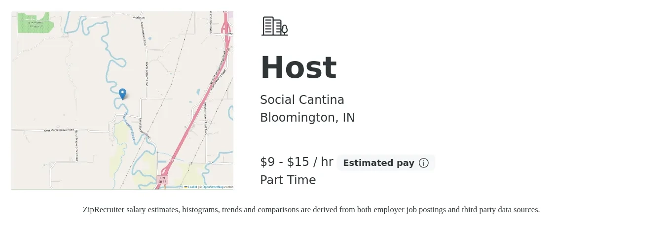 Social Cantina job posting for a Host in Bloomington, IN with a salary of $10 to $16 Hourly with a map of Bloomington location.