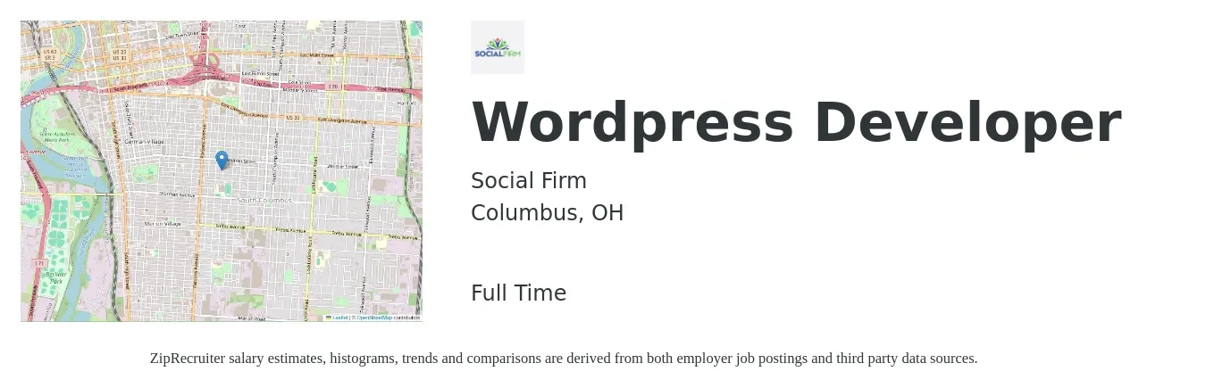 Social Firm job posting for a Wordpress Developer in Columbus, OH with a salary of $70,000 to $90,000 Yearly with a map of Columbus location.
