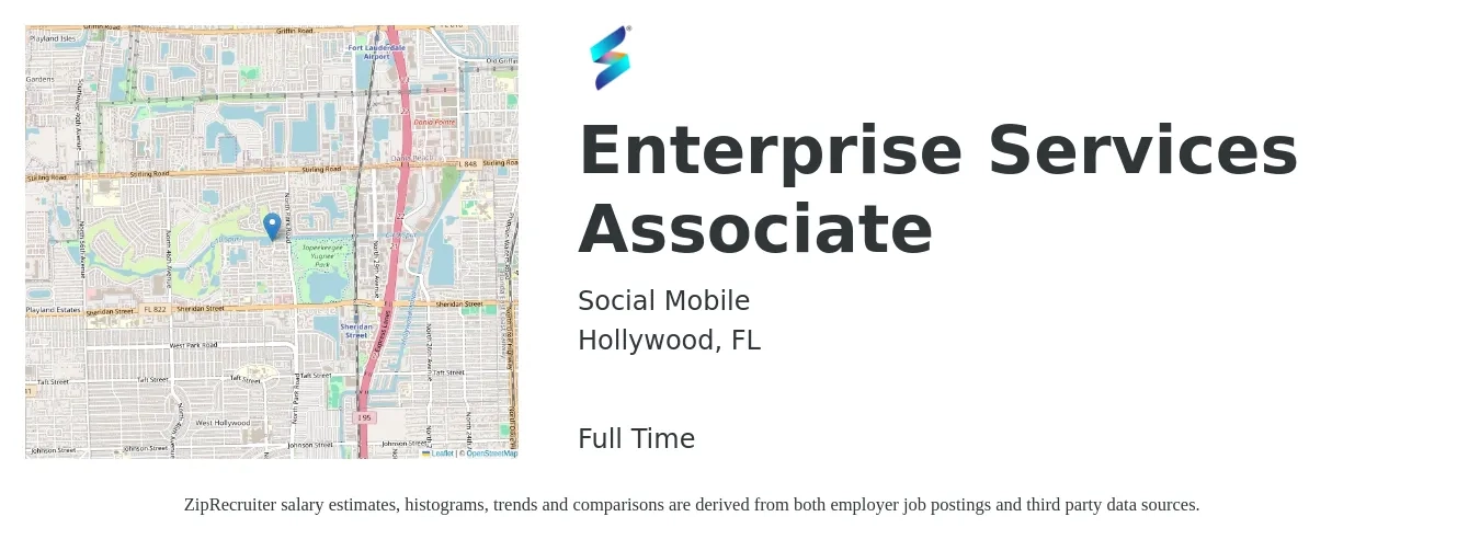 Social Mobile job posting for a Enterprise Services Associate in Hollywood, FL with a salary of $40,000 to $47,000 Yearly with a map of Hollywood location.