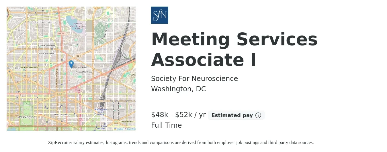 Society For Neuroscience job posting for a Meeting Services Associate I in Washington, DC with a salary of $48,141 to $52,389 Yearly with a map of Washington location.