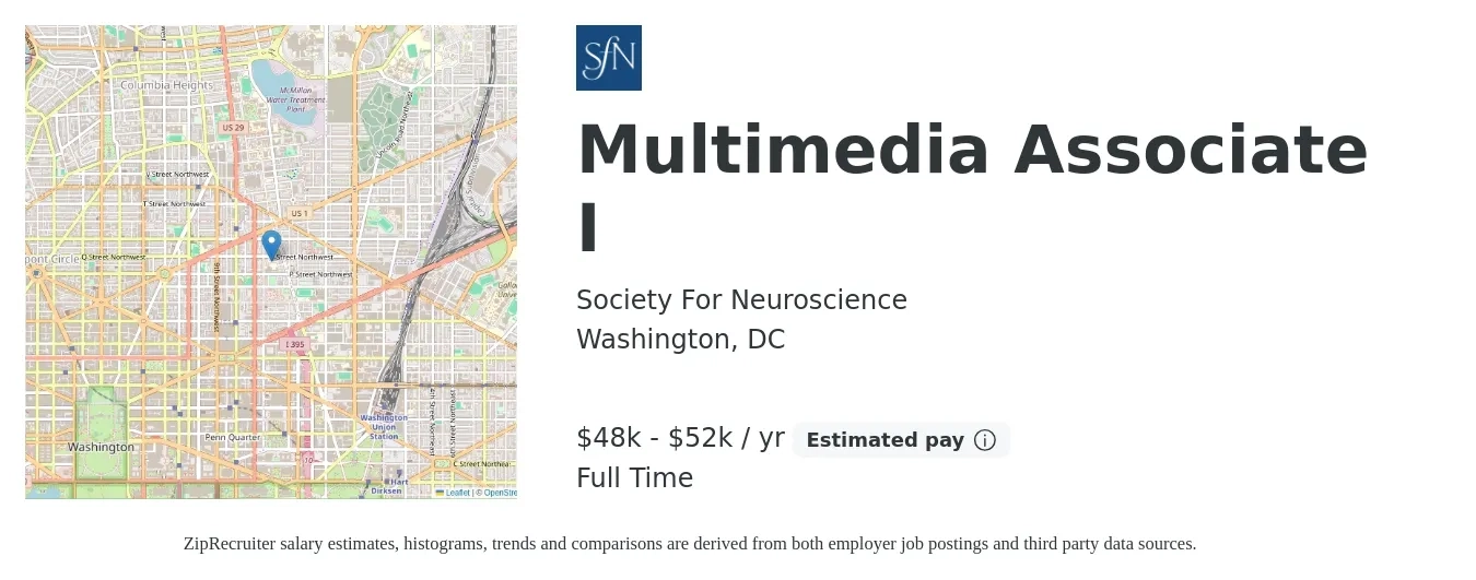 Society For Neuroscience job posting for a Multimedia Associate I in Washington, DC with a salary of $48,141 to $52,389 Yearly with a map of Washington location.