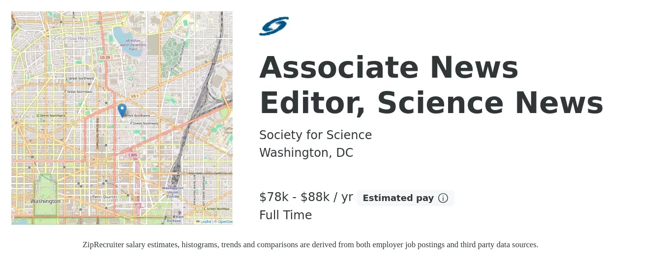 Society for Science job posting for a Associate News Editor, Science News in Washington, DC with a salary of $78,000 to $88,000 Yearly with a map of Washington location.