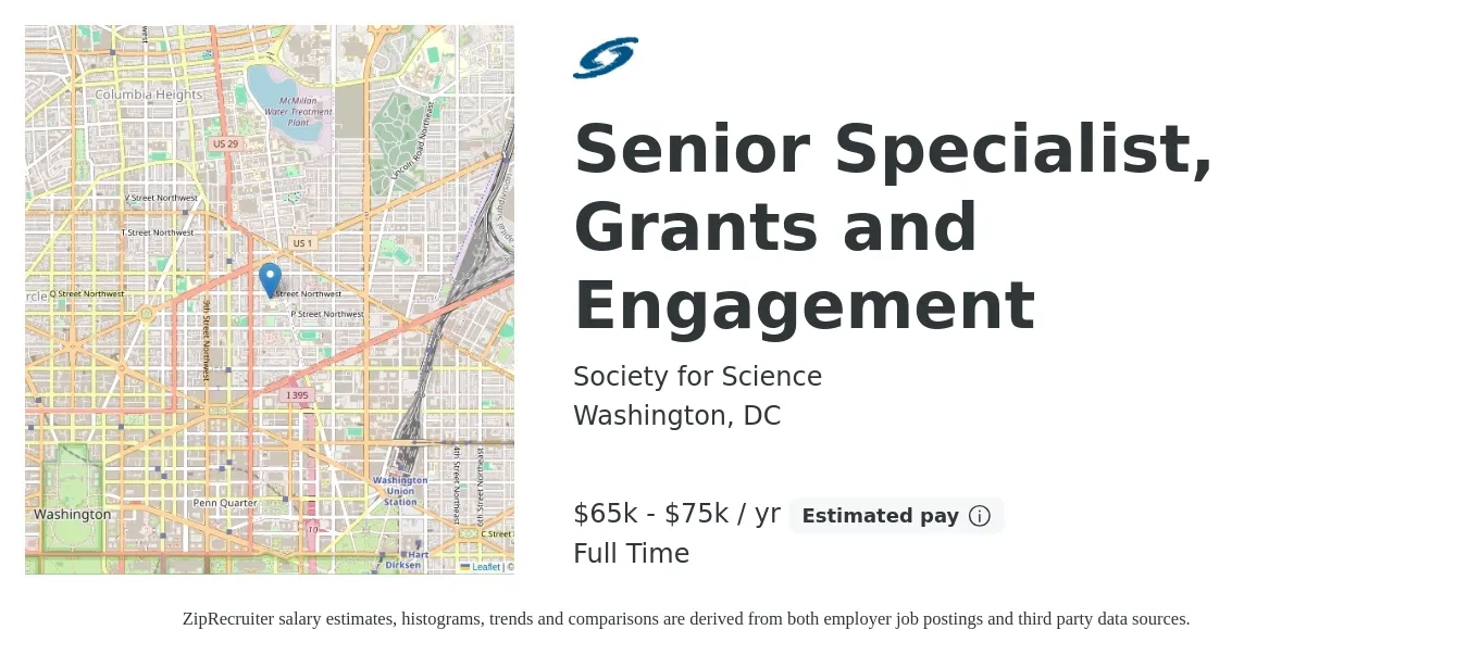 Society for Science job posting for a Senior Specialist, Grants and Engagement in Washington, DC with a salary of $65,000 to $75,000 Yearly with a map of Washington location.