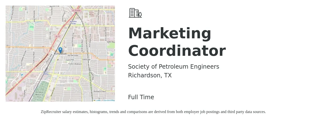 Society of Petroleum Engineers job posting for a Marketing Coordinator in Richardson, TX with a salary of $38,600 to $53,100 Yearly with a map of Richardson location.