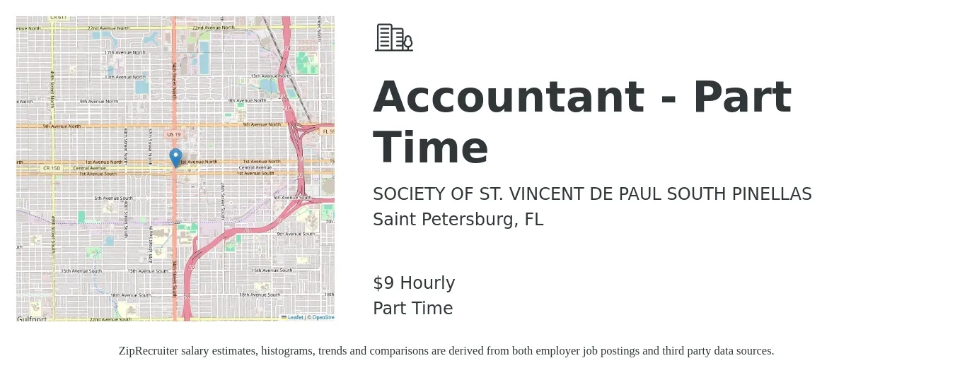 SOCIETY OF ST. VINCENT DE PAUL SOUTH PINELLAS job posting for a Accountant - Part Time in Saint Petersburg, FL with a salary of $10 Hourly with a map of Saint Petersburg location.