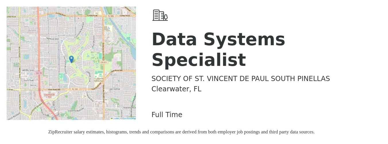 SOCIETY OF ST. VINCENT DE PAUL SOUTH PINELLAS job posting for a Data Systems Specialist in Clearwater, FL with a salary of $20 to $36 Hourly with a map of Clearwater location.