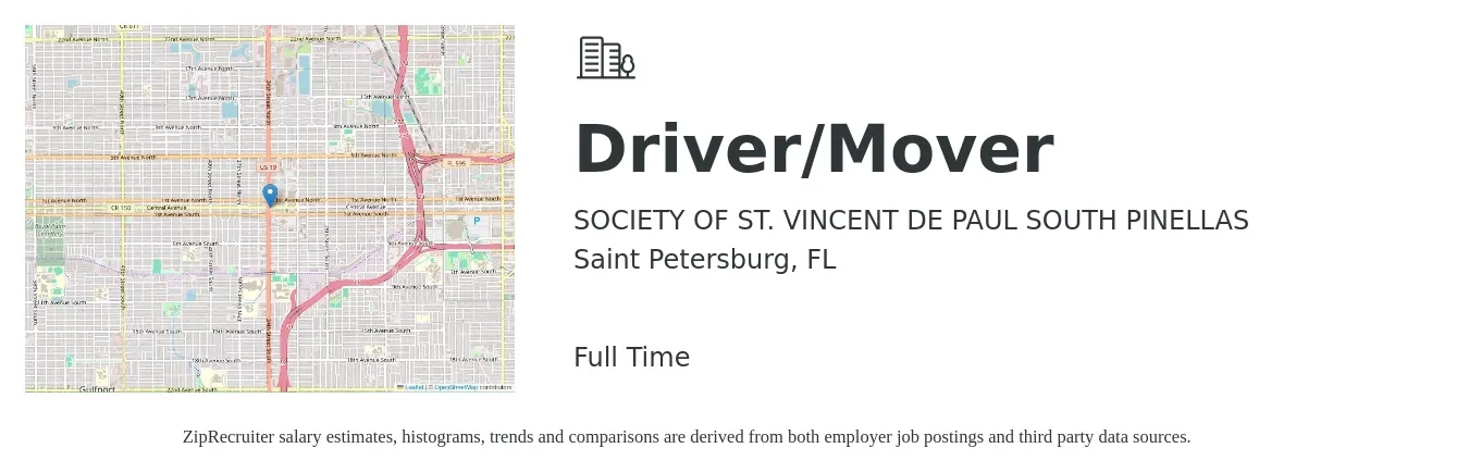 SOCIETY OF ST. VINCENT DE PAUL SOUTH PINELLAS job posting for a Driver/Mover in Saint Petersburg, FL with a salary of $17 to $21 Hourly with a map of Saint Petersburg location.
