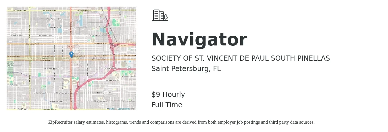 SOCIETY OF ST. VINCENT DE PAUL SOUTH PINELLAS job posting for a Navigator in Saint Petersburg, FL with a salary of $19 to $25 Hourly with a map of Saint Petersburg location.