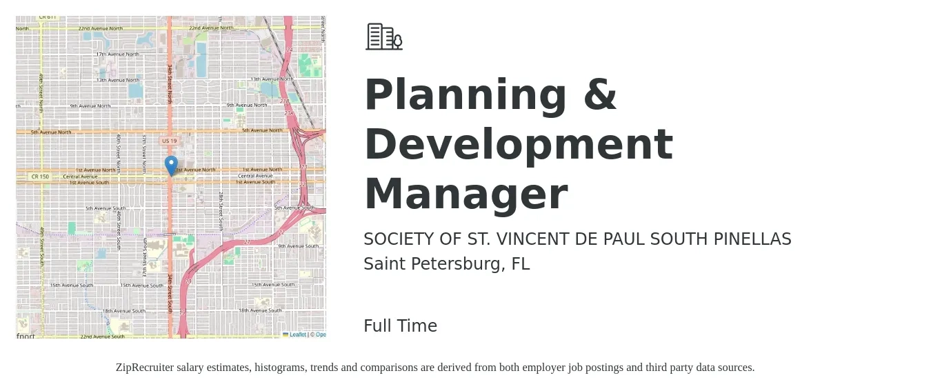 SOCIETY OF ST. VINCENT DE PAUL SOUTH PINELLAS job posting for a Planning & Development Manager in Saint Petersburg, FL with a salary of $56,500 to $87,500 Yearly with a map of Saint Petersburg location.