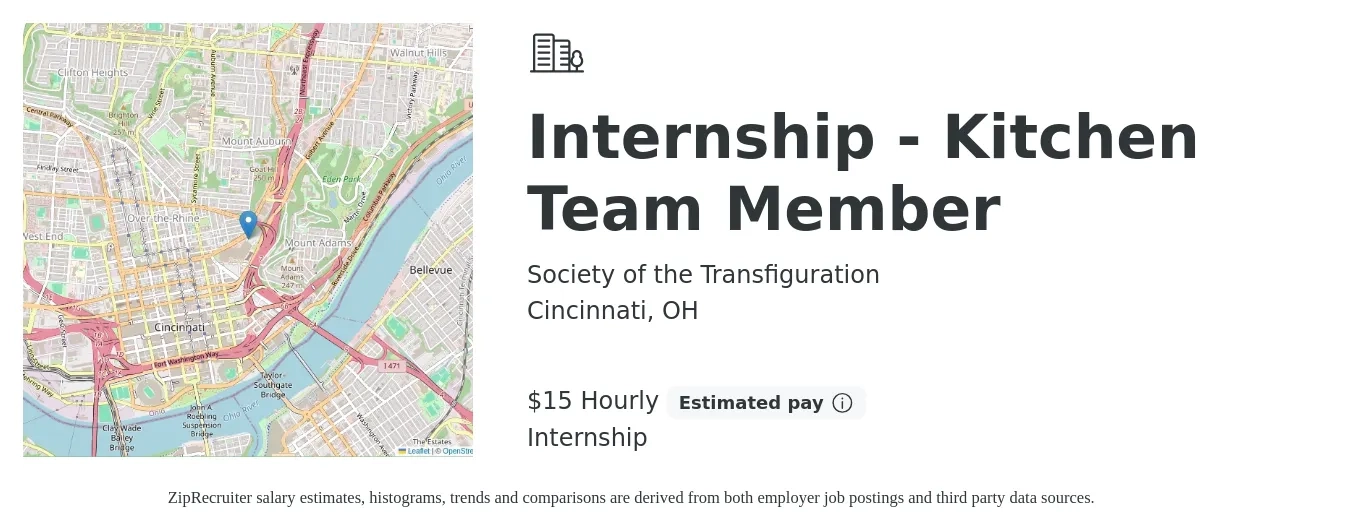 Society of the Transfiguration job posting for a Internship - Kitchen Team Member in Cincinnati, OH with a salary of $16 Hourly with a map of Cincinnati location.