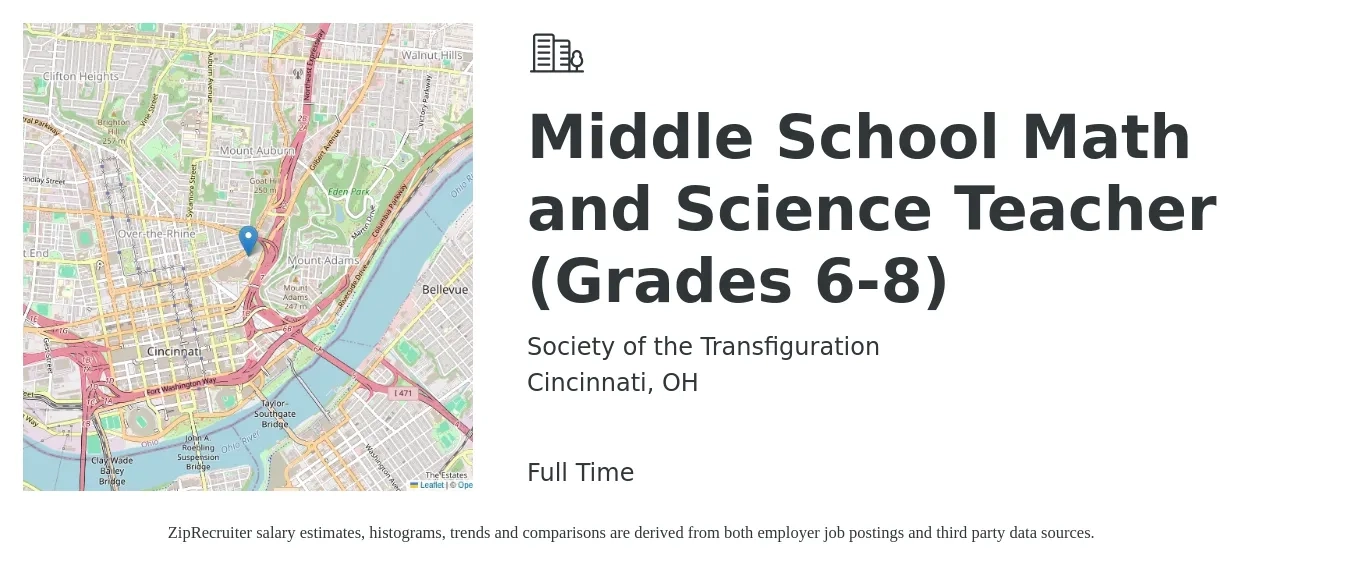 Society of the Transfiguration job posting for a Middle School Math and Science Teacher (Grades 6-8) in Cincinnati, OH with a salary of $45,100 to $58,600 Yearly with a map of Cincinnati location.