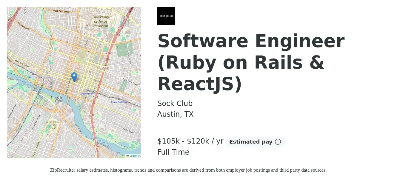Sock Club job posting for a Software Engineer (Ruby on Rails & ReactJS) in Austin, TX with a salary of $105,000 to $120,000 Yearly with a map of Austin location.