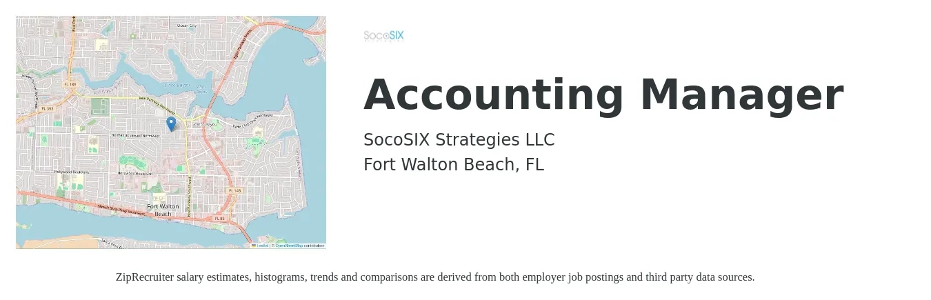 SocoSIX Strategies LLC job posting for a Accounting Manager in Fort Walton Beach, FL with a salary of $75,000 to $85,000 Yearly with a map of Fort Walton Beach location.