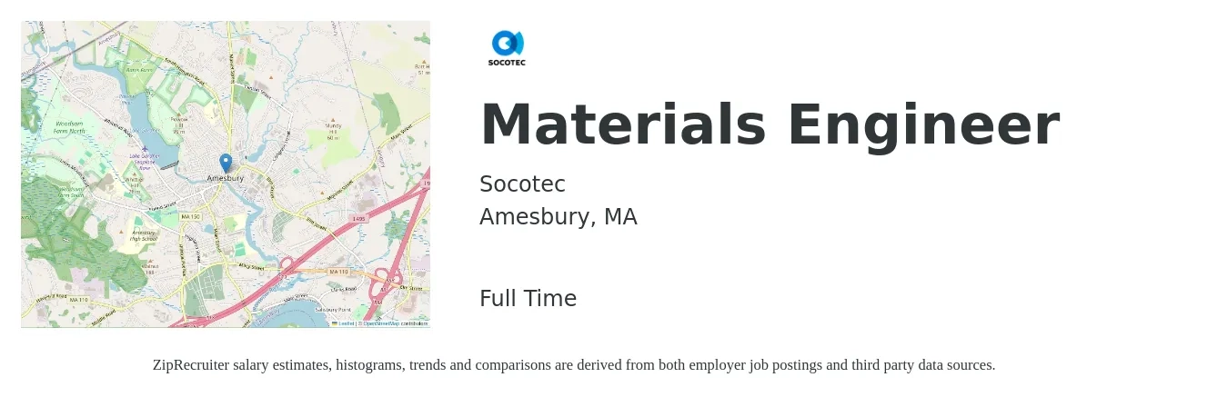 Socotec job posting for a Materials Engineer in Amesbury, MA with a salary of $86,400 to $125,800 Yearly with a map of Amesbury location.