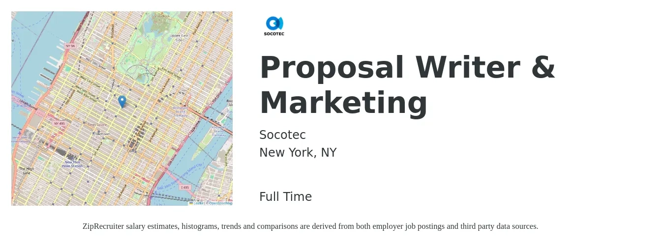 Socotec job posting for a Proposal Writer & Marketing in New York, NY with a salary of $55,000 to $75,000 Yearly with a map of New York location.