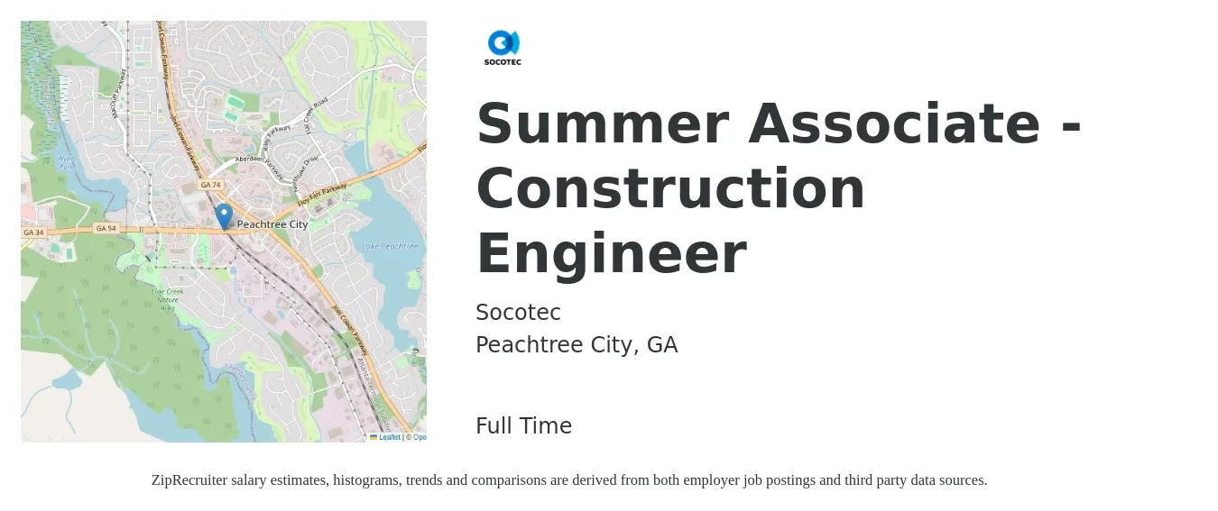 Socotec job posting for a Summer Associate - Construction Engineer in Peachtree City, GA with a salary of $60,800 to $88,300 Yearly with a map of Peachtree City location.