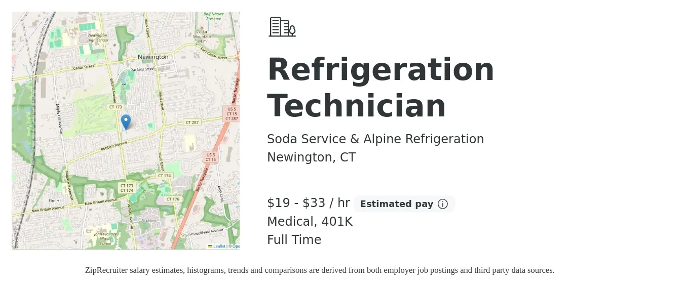 Soda Service & Alpine Refrigeration job posting for a Refrigeration Technician in Newington, CT with a salary of $20 to $35 Hourly and benefits including 401k, life_insurance, and medical with a map of Newington location.