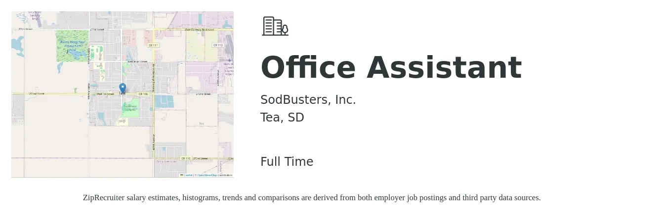 SodBusters, Inc. job posting for a Office Assistant in Tea, SD with a salary of $16 to $21 Hourly with a map of Tea location.