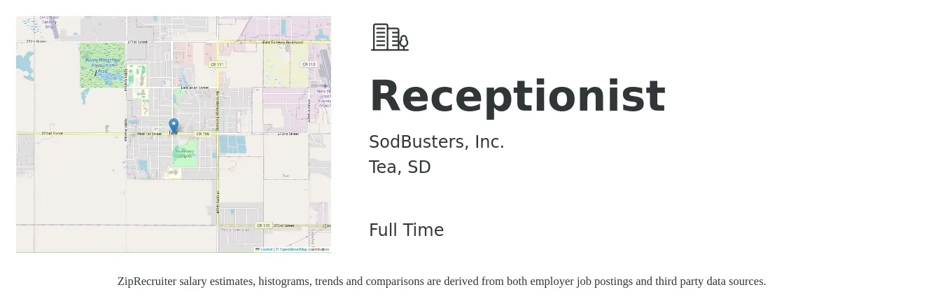 SodBusters, Inc. job posting for a Receptionist in Tea, SD with a salary of $15 to $20 Hourly with a map of Tea location.