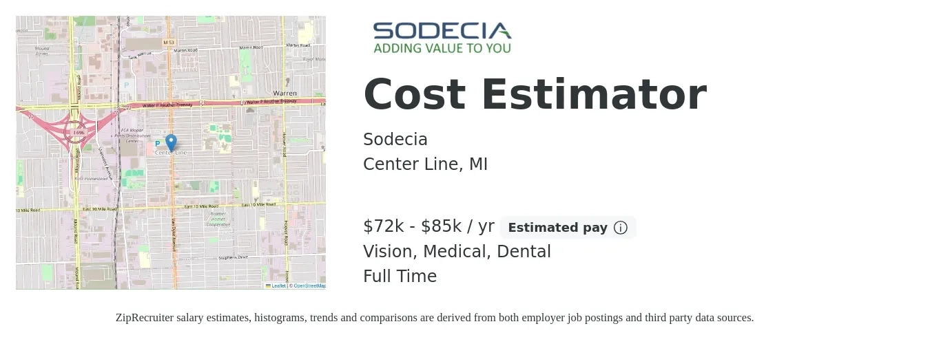 Sodecia job posting for a Cost Estimator in Center Line, MI with a salary of $72,000 to $85,000 Yearly and benefits including medical, retirement, vision, dental, and life_insurance with a map of Center Line location.