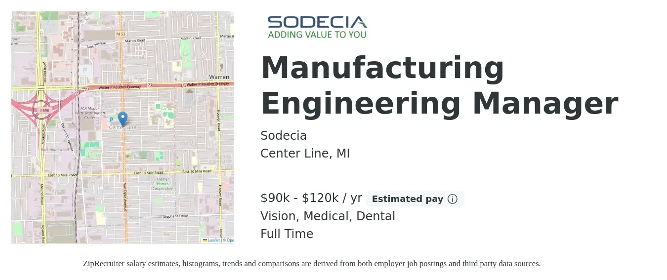 Sodecia job posting for a Manufacturing Engineering Manager in Center Line, MI with a salary of $90,000 to $120,000 Yearly and benefits including medical, retirement, vision, dental, and life_insurance with a map of Center Line location.