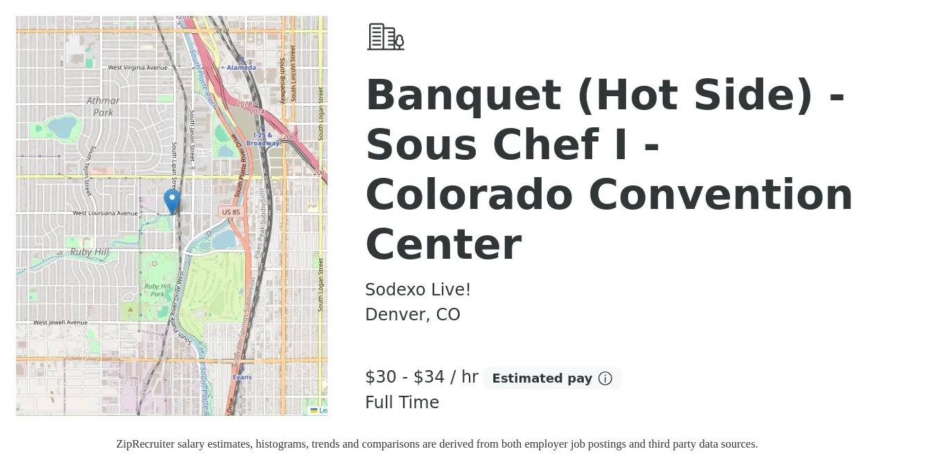 Sodexo Live! job posting for a Banquet (Hot Side) - Sous Chef I - Colorado Convention Center in Denver, CO with a salary of $31 to $36 Hourly with a map of Denver location.