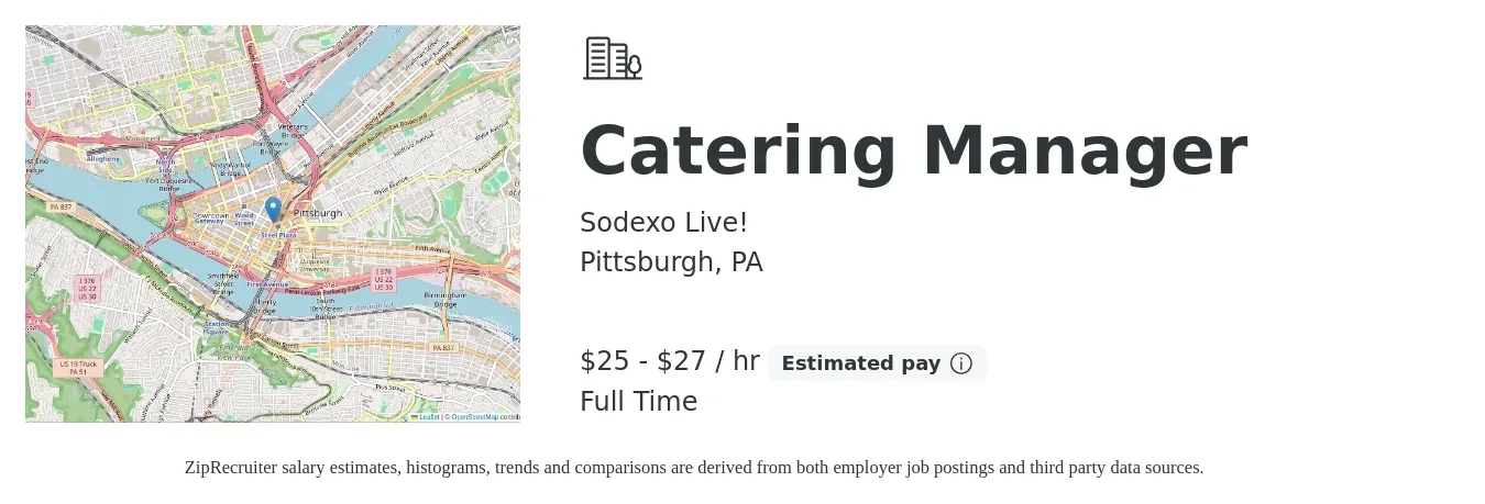 Sodexo Live! job posting for a Catering Manager in Pittsburgh, PA with a salary of $55,000 to $60,000 Yearly with a map of Pittsburgh location.