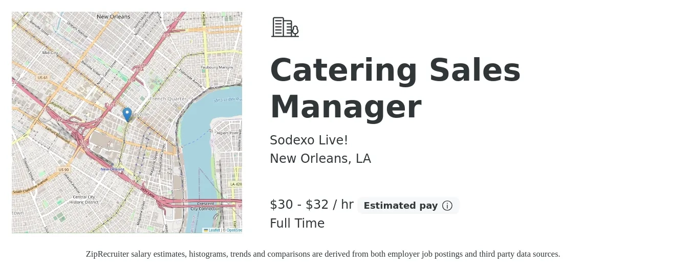 Sodexo Live! job posting for a Catering Sales Manager in New Orleans, LA with a salary of $65,000 to $70,000 Yearly with a map of New Orleans location.