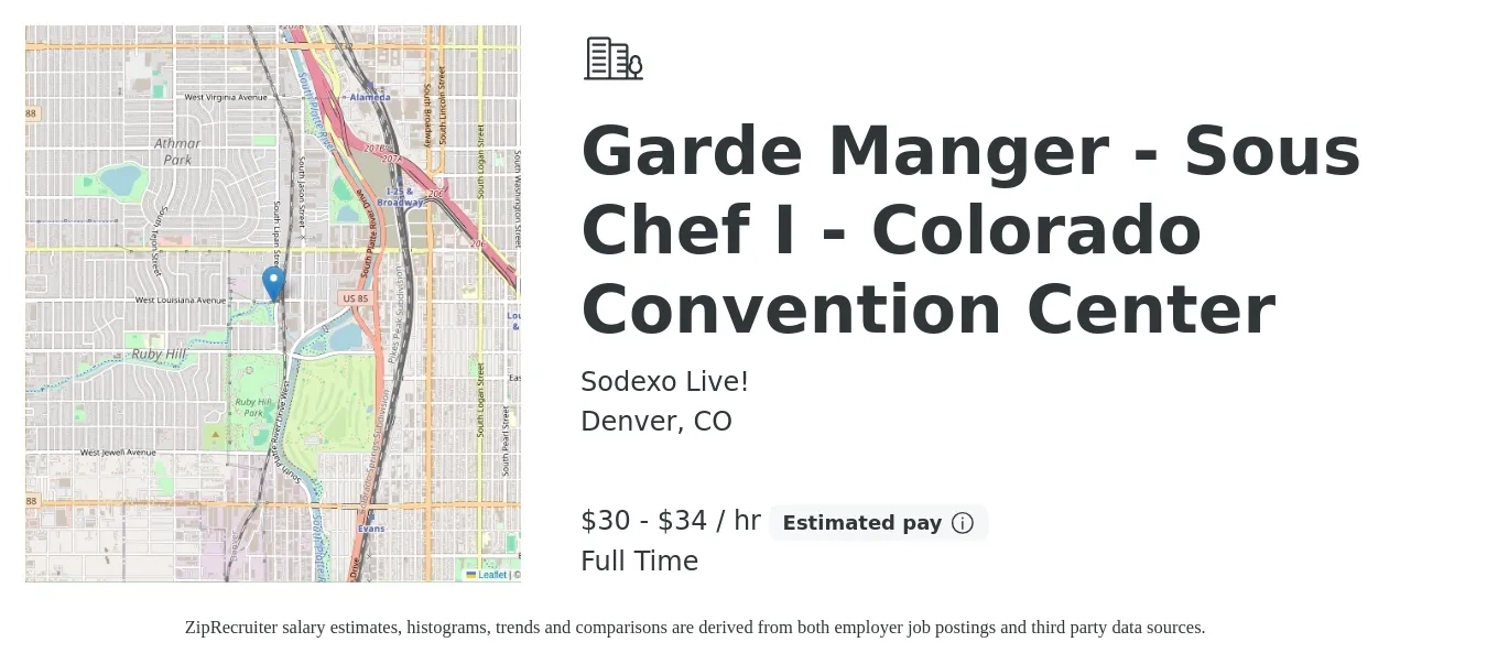 Sodexo Live! job posting for a Garde Manger - Sous Chef I - Colorado Convention Center in Denver, CO with a salary of $31 to $36 Hourly with a map of Denver location.
