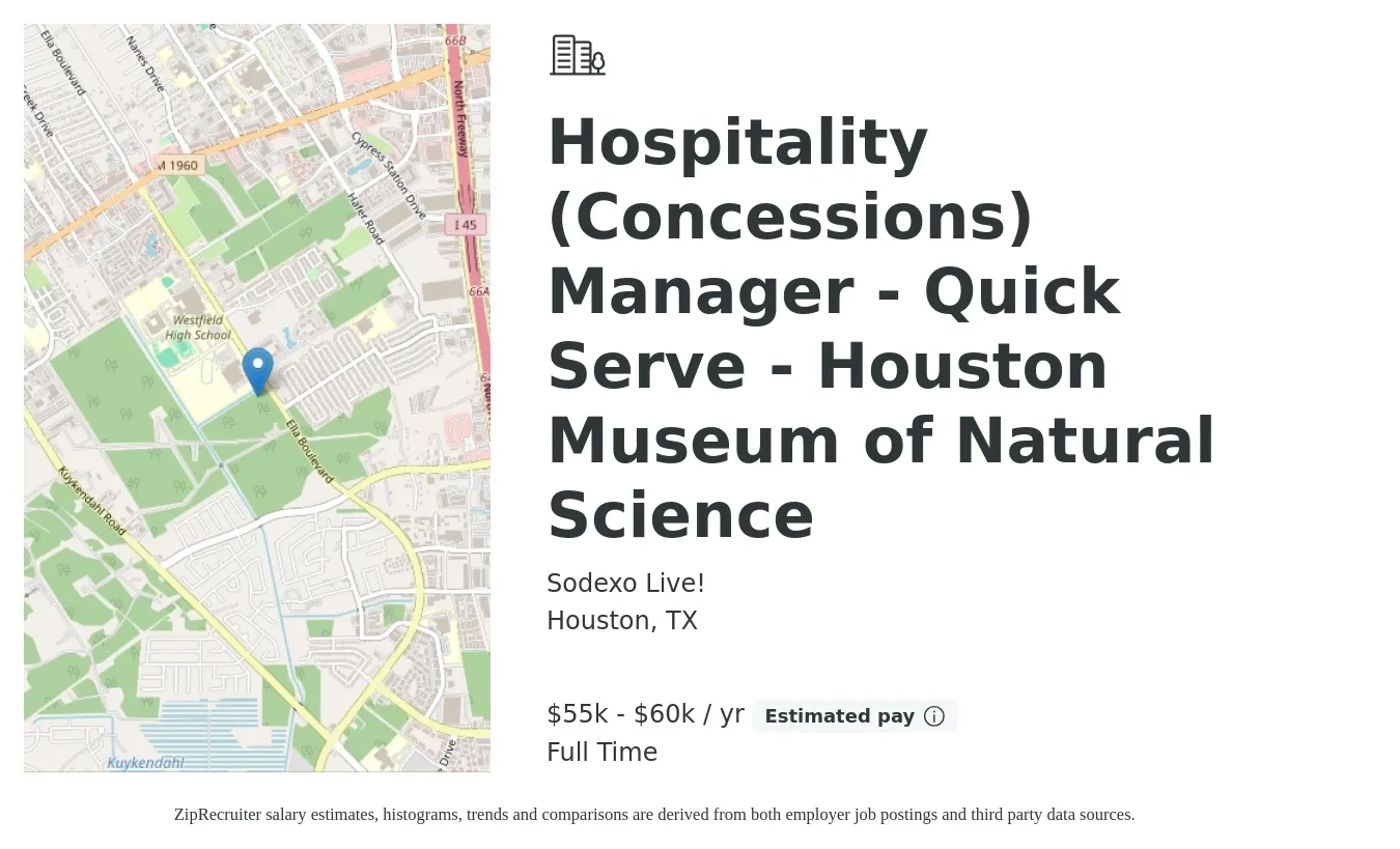 Sodexo Live! job posting for a Hospitality (Concessions) Manager - Quick Serve - Houston Museum of Natural Science in Houston, TX with a salary of $55,000 to $60,000 Yearly with a map of Houston location.