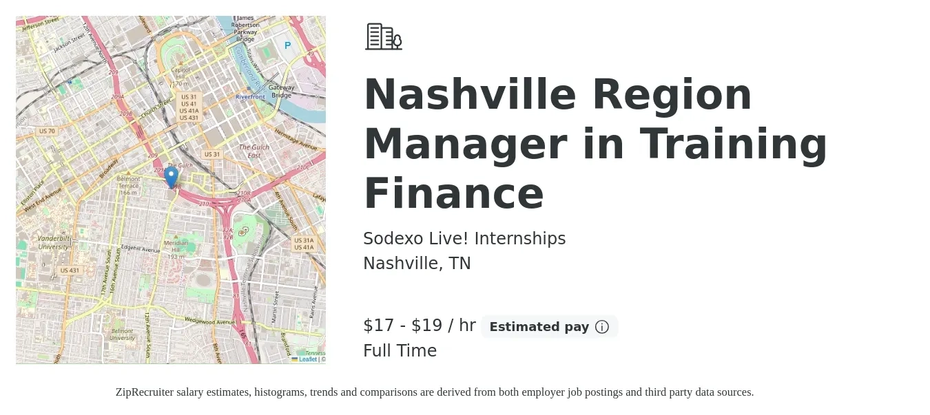Sodexo Live! Internships job posting for a Nashville Region Manager in Training Finance in Nashville, TN with a salary of $18 to $20 Hourly with a map of Nashville location.