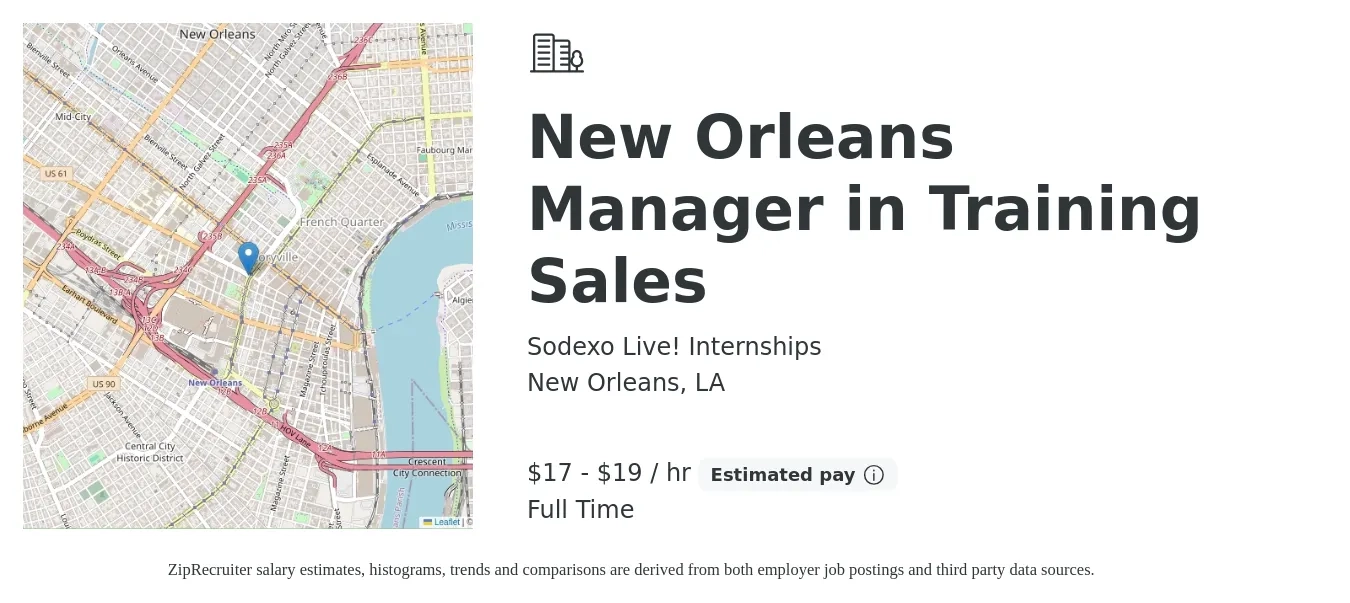 Sodexo Live! Internships job posting for a New Orleans Manager in Training Sales in New Orleans, LA with a salary of $18 to $20 Hourly with a map of New Orleans location.