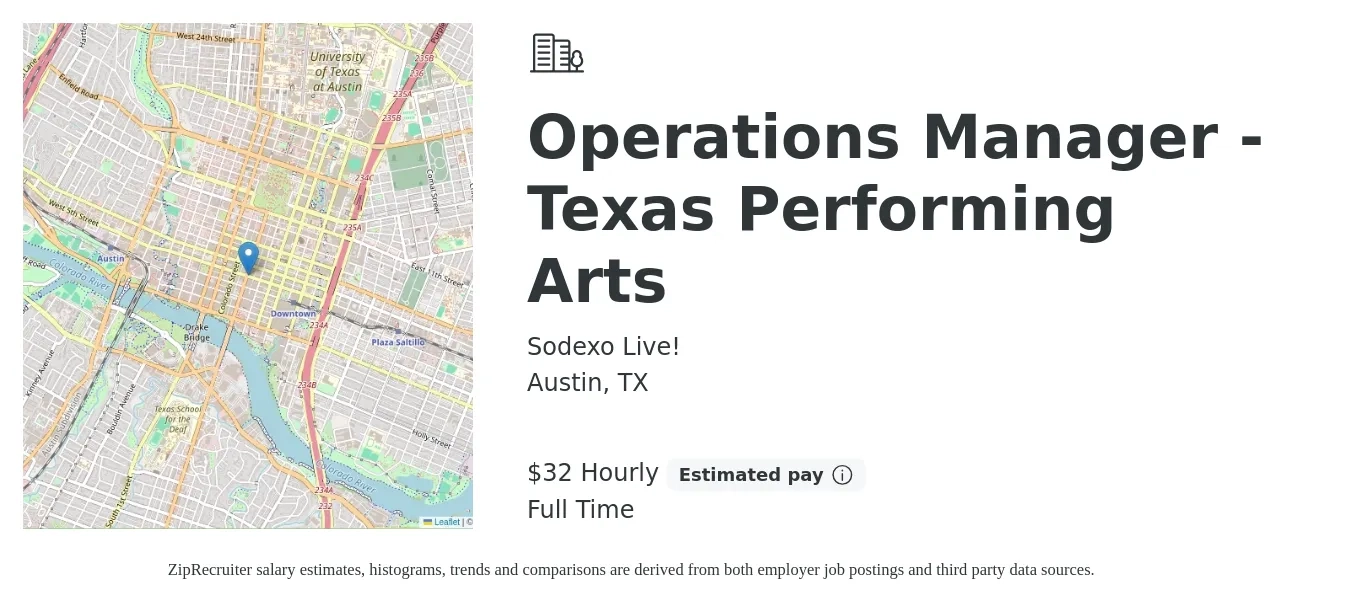 Sodexo Live! job posting for a Operations Manager - Texas Performing Arts in Austin, TX with a salary of $70,000 Yearly with a map of Austin location.