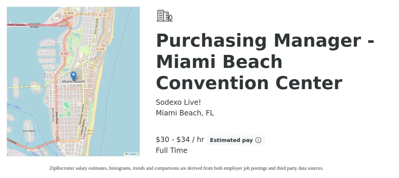 Sodexo Live! job posting for a Purchasing Manager - Miami Beach Convention Center in Miami Beach, FL with a salary of $31 to $36 Hourly with a map of Miami Beach location.
