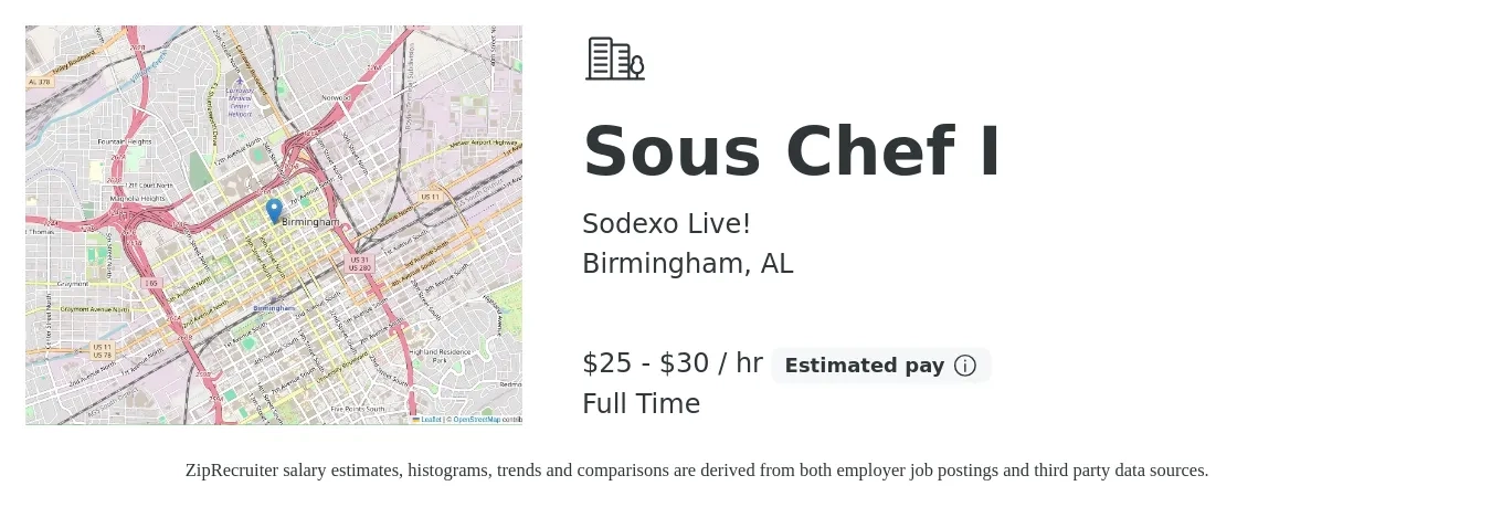 Sodexo Live! job posting for a Sous Chef I in Birmingham, AL with a salary of $55,000 to $65,000 Yearly with a map of Birmingham location.
