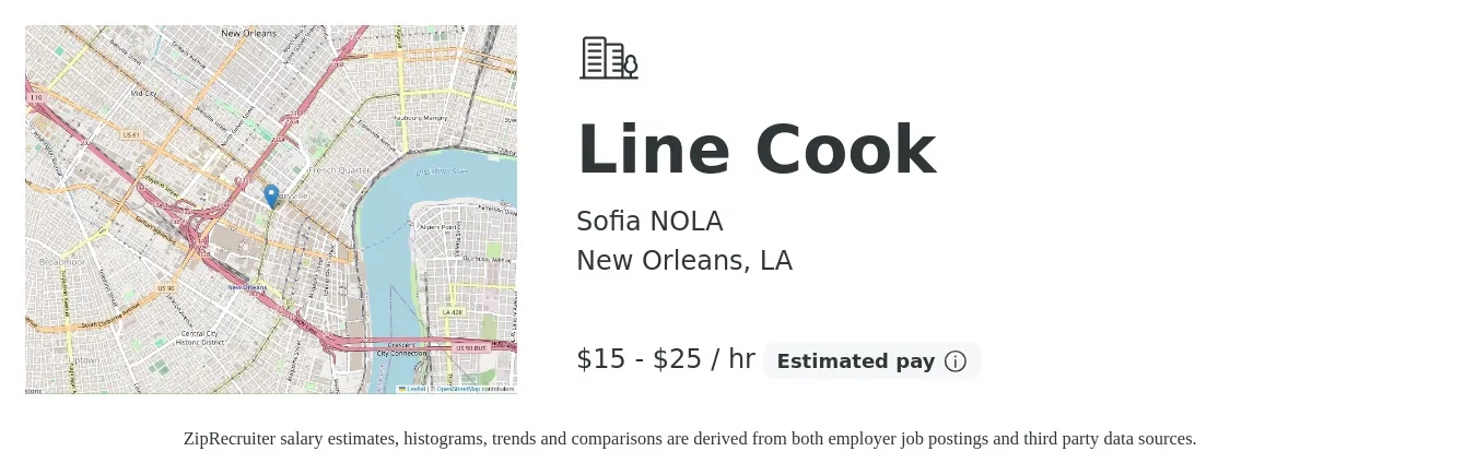 Sofia NOLA job posting for a Line Cook in New Orleans, LA with a salary of $16 to $26 Hourly with a map of New Orleans location.