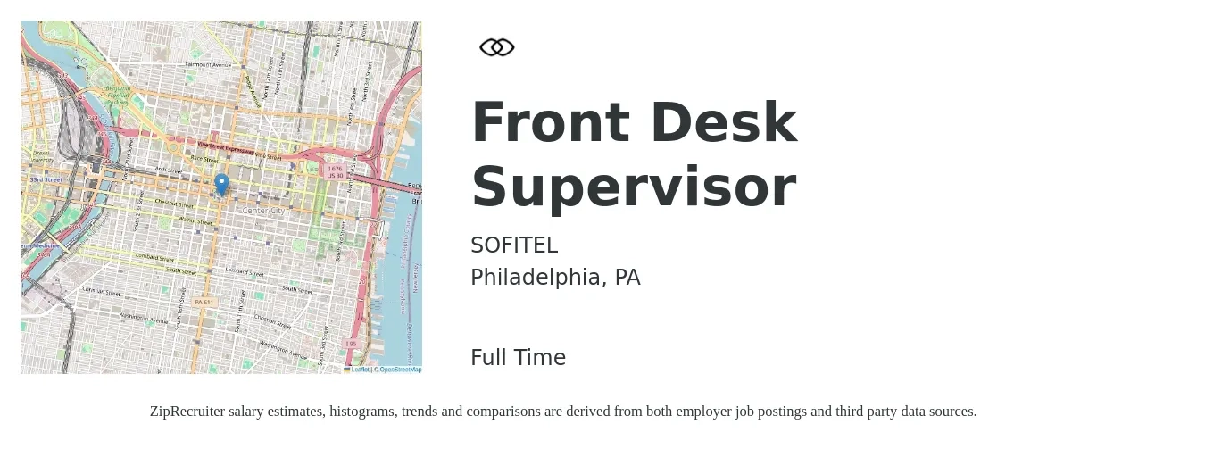 SOFITEL job posting for a Front Desk Supervisor in Philadelphia, PA with a salary of $17 to $22 Hourly with a map of Philadelphia location.