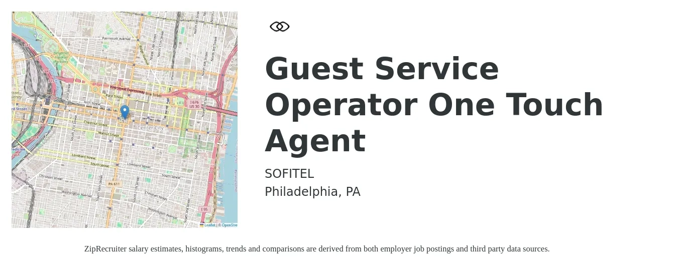 SOFITEL job posting for a Guest Service Operator One Touch Agent in Philadelphia, PA with a salary of $15 to $19 Hourly with a map of Philadelphia location.