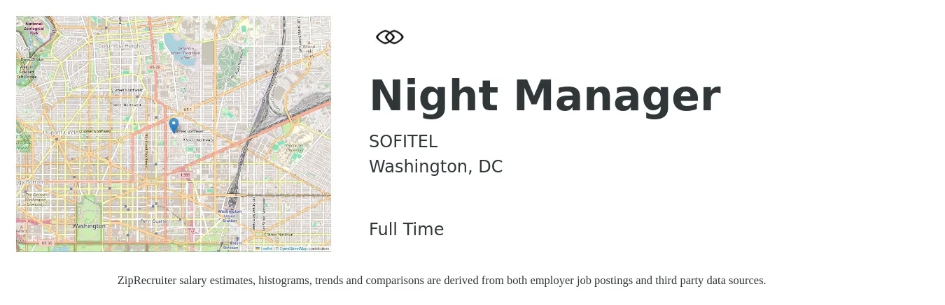SOFITEL job posting for a Night Manager in Washington, DC with a salary of $19 to $28 Hourly with a map of Washington location.