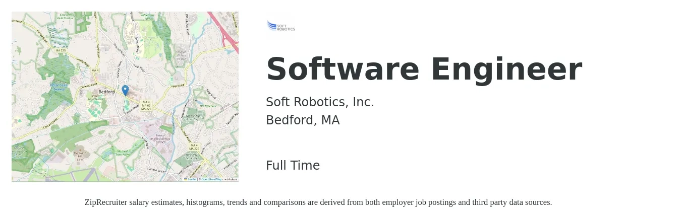 Soft Robotics, Inc. job posting for a Software Engineer in Bedford, MA with a salary of $126,200 to $181,900 Yearly with a map of Bedford location.