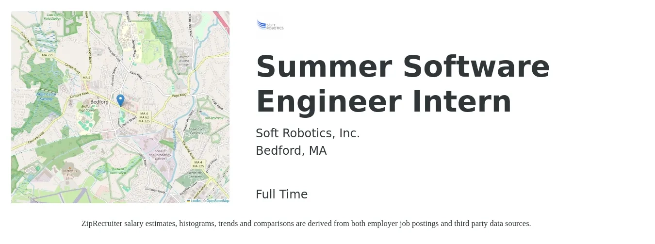 Soft Robotics, Inc. job posting for a Summer Software Engineer Intern in Bedford, MA with a salary of $22 to $32 Hourly with a map of Bedford location.