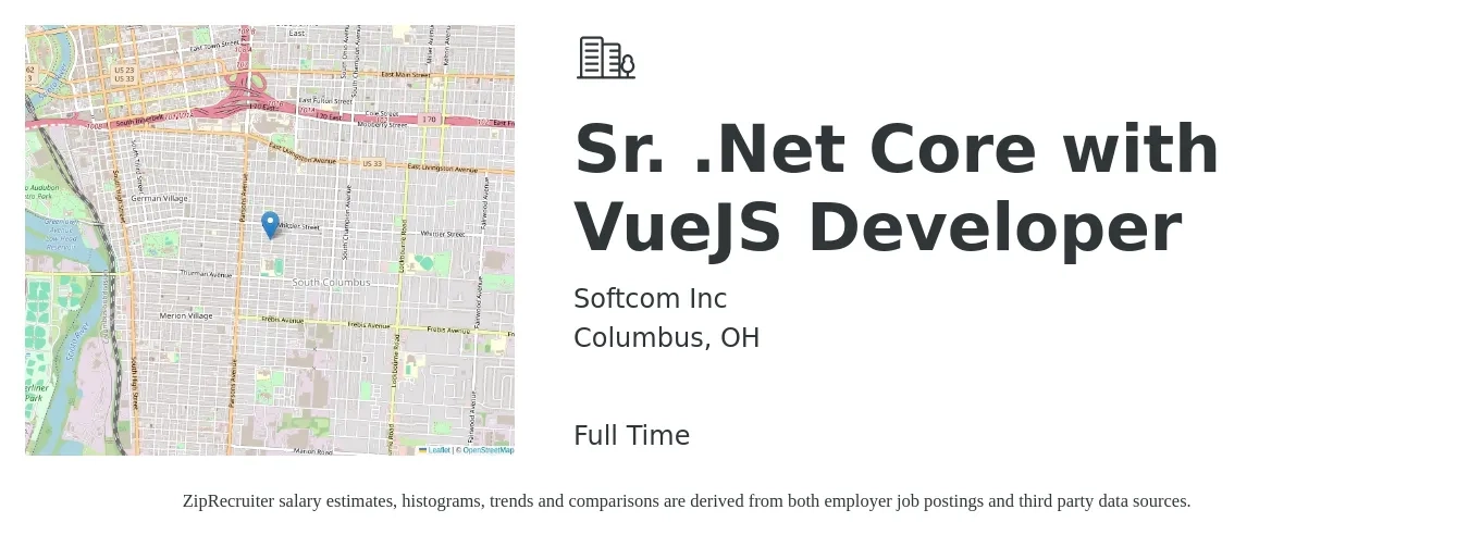 Softcom Inc job posting for a Sr. .Net Core with VueJS Developer in Columbus, OH with a salary of $53 to $70 Hourly with a map of Columbus location.
