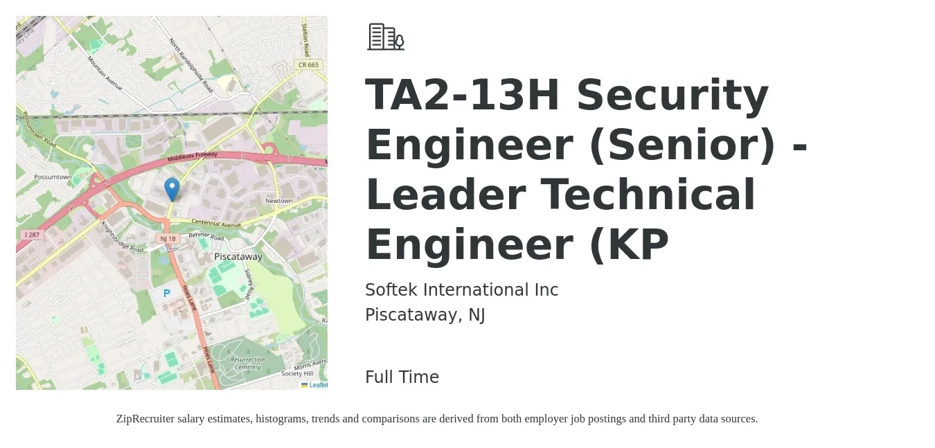 Softek International Inc job posting for a TA2-13H Security Engineer (Senior) - Leader Technical Engineer (KP in Piscataway, NJ with a salary of $114,700 to $157,200 Yearly with a map of Piscataway location.